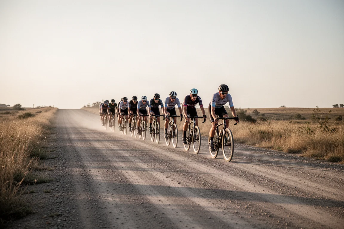 Line of gravel cyclists racing on a hard-packed gravel road in late afternoon