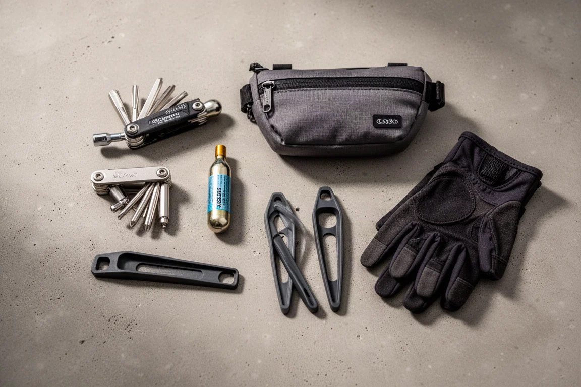 Overhead flat-lay of gravel riding tools and accessories on concrete