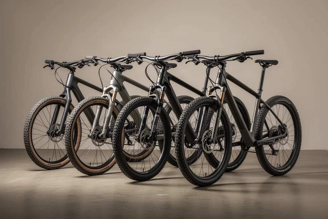 Vijf moderne gravelbikes op een rij op een matte betonnen studiovloer