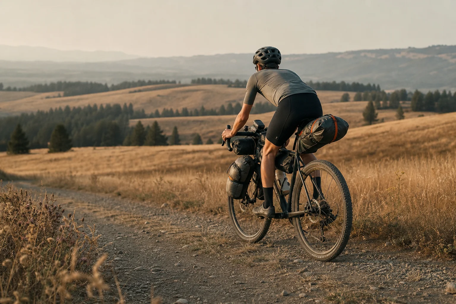 Ciclista gravel in sella a una bici carica di attrezzatura da bikepacking su un sentiero sterrato in campagna