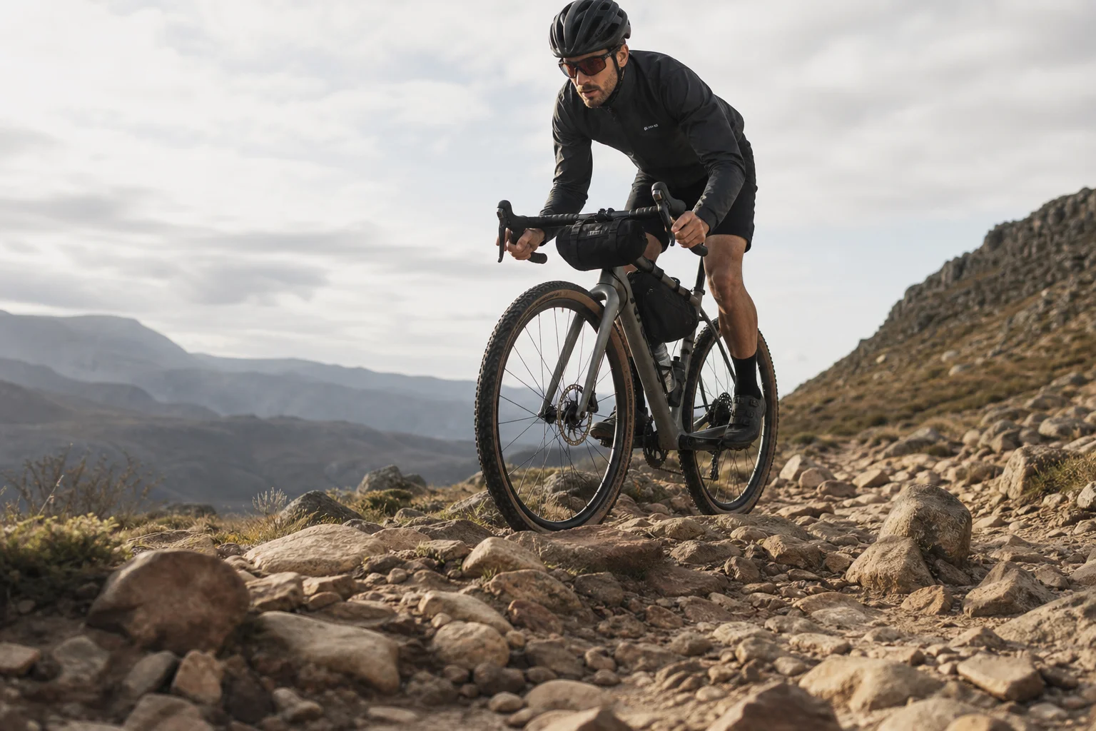 Bici gravel con pneumatici larghi su terreno roccioso che dimostra trazione e controllo