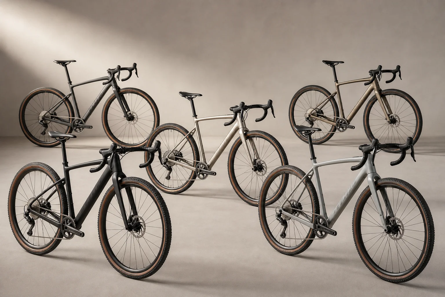 Cinq vélos gravel disposés en composition décalée montrant différents styles de cadres et géométries