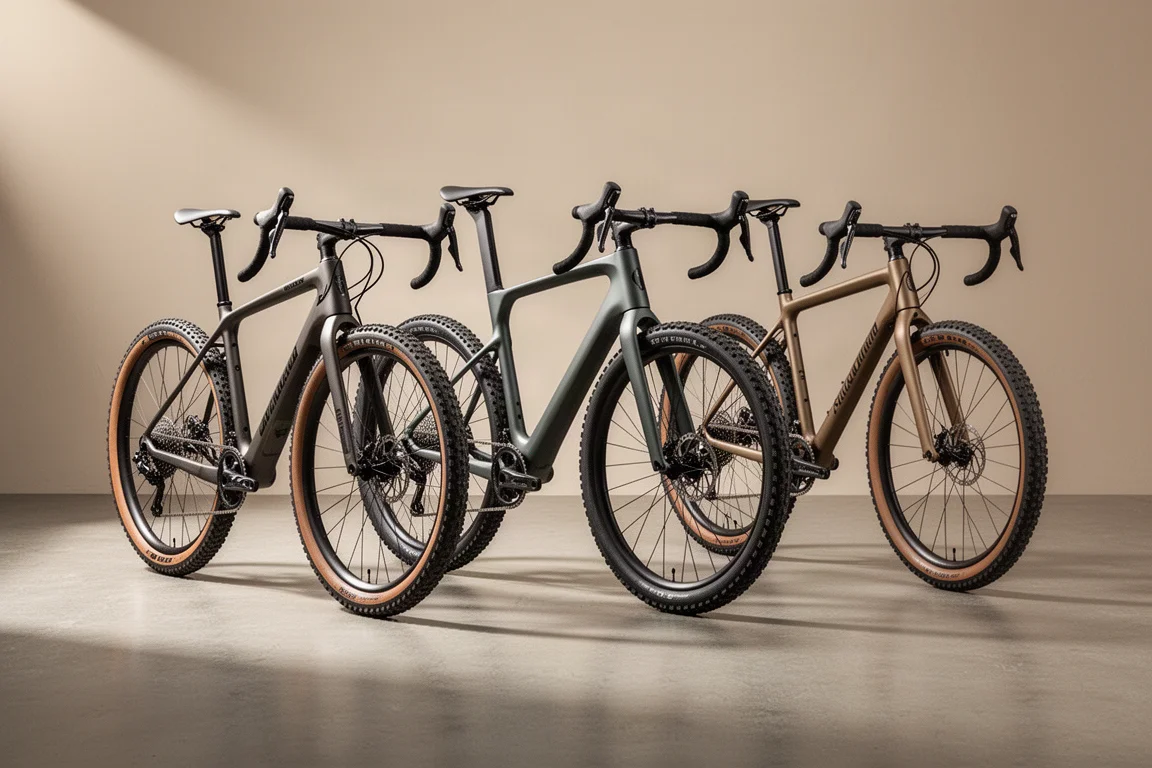 Tre gravelcyklar med bockstyre och breda däck uppställda på en betongyta