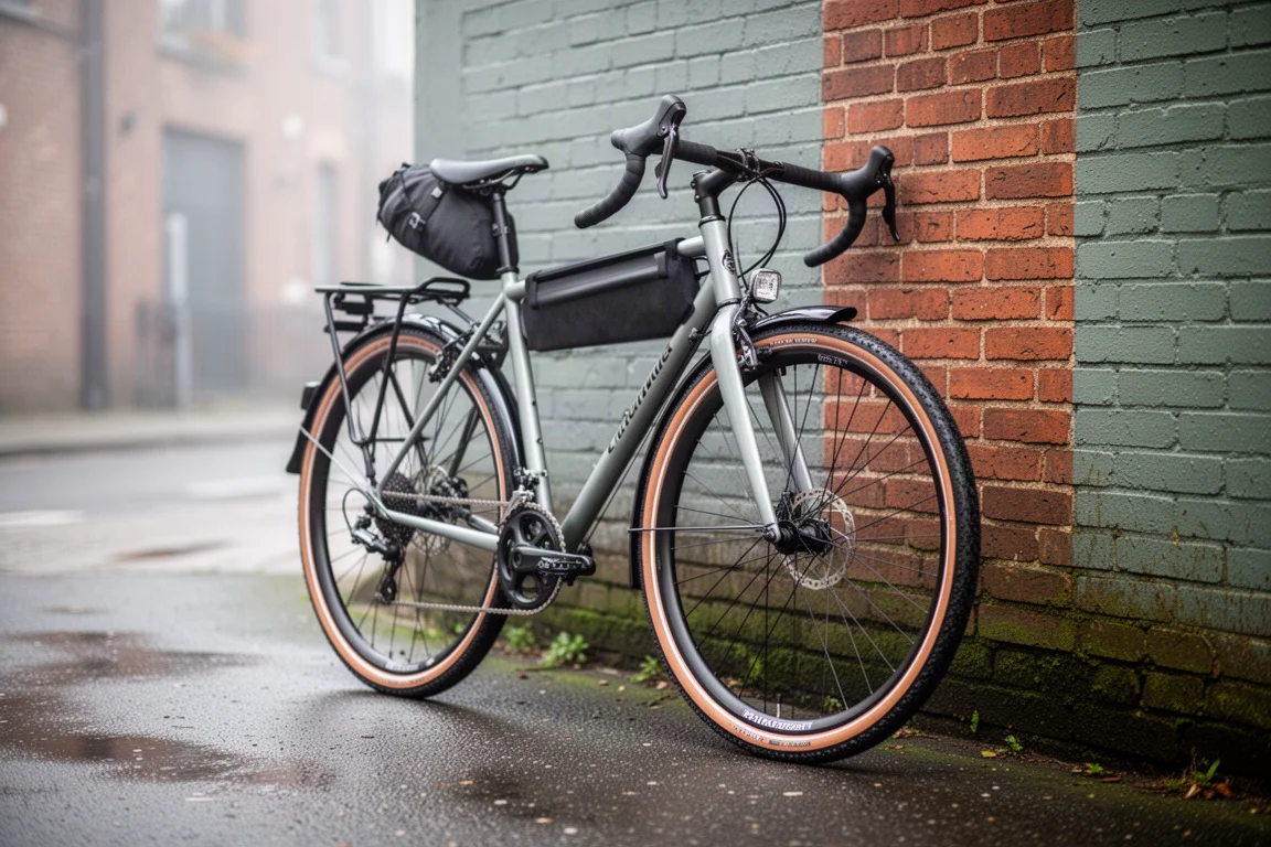 Nahaufnahme einer großen Bremsscheibe und eines gerippten Bremszangen-Kühlkörpers an einem Gravelbike