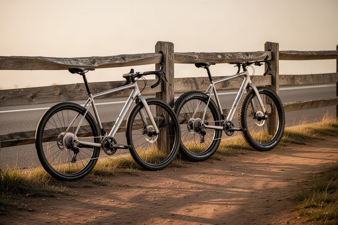 Beladenes Gravelbike mit Bikepacking-Taschen, das im Morgengrauen an einem Zaun lehnt