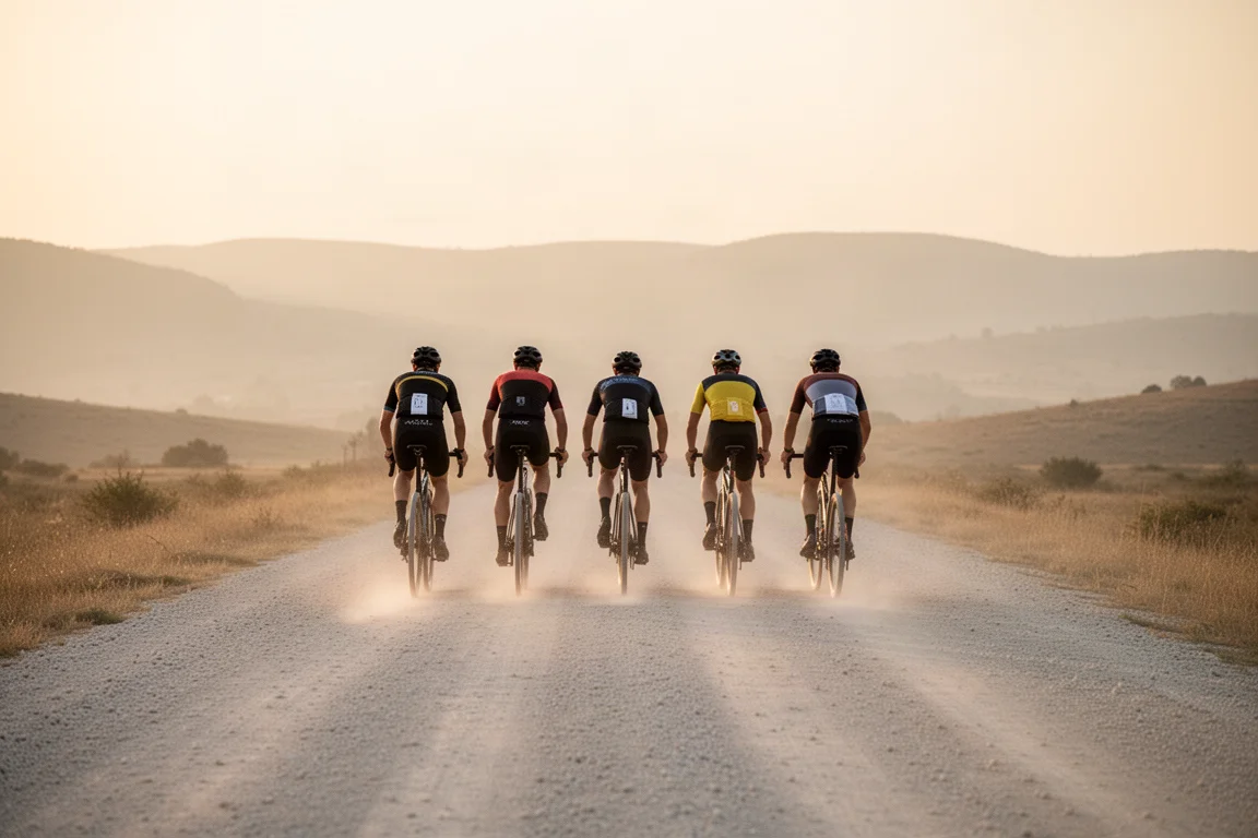 Groupe de cyclistes gravel roulant sur une large route gravel à l'heure dorée, avec de la poussière dans l'air