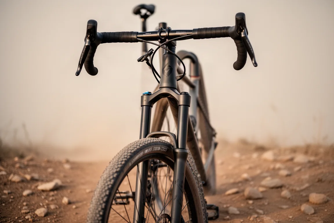 Gros plan en contre-plongée d'une fourche suspendue et d'une tige de selle télescopique de vélo gravel sur un sentier poussiéreux