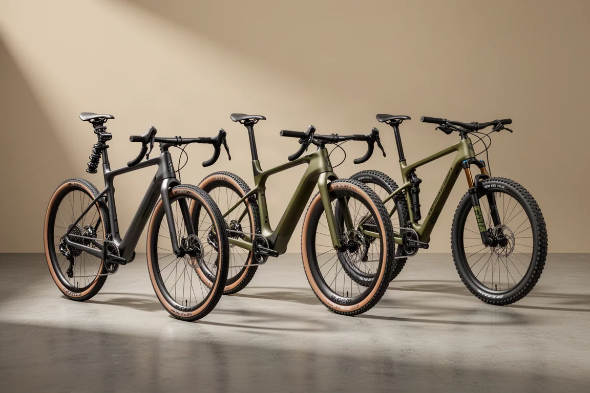 Três bikes gravel com quadros aero, suspensão e pneus largos enfileiradas sobre um piso de concreto
