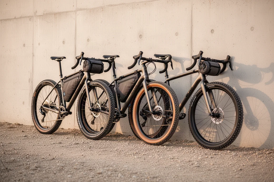 Três gravel bikes apoiadas contra uma parede de concreto em uma pista de cascalho