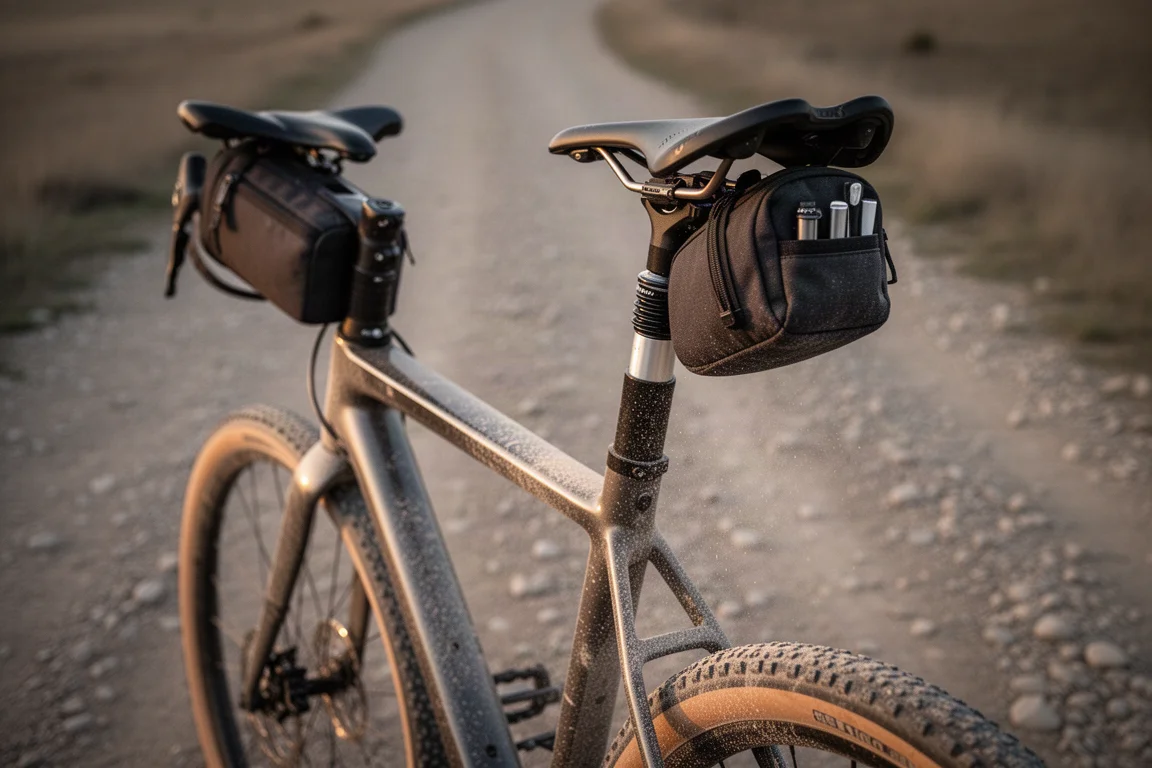 Primo piano di un elemento di sospensione posteriore e della sella di una bici gravel su un tracciato polveroso
