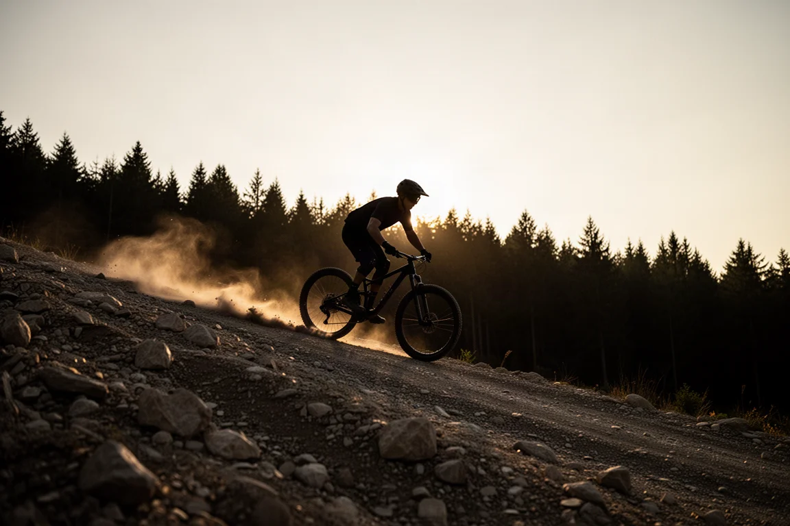 Ciclista gravel in silhouette che scende un pendio roccioso e instabile durante l'ora d'oro
