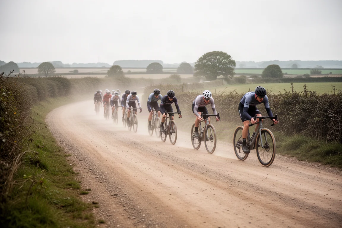 Fila di ciclisti gravel allungata lungo un'ampia strada sterrata nella luce coperta