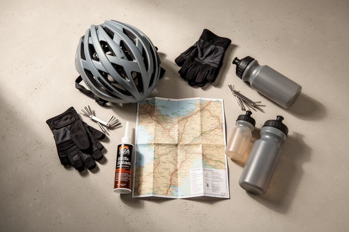 Vista dall'alto di attrezzatura e accessori per il ciclismo su cemento chiaro