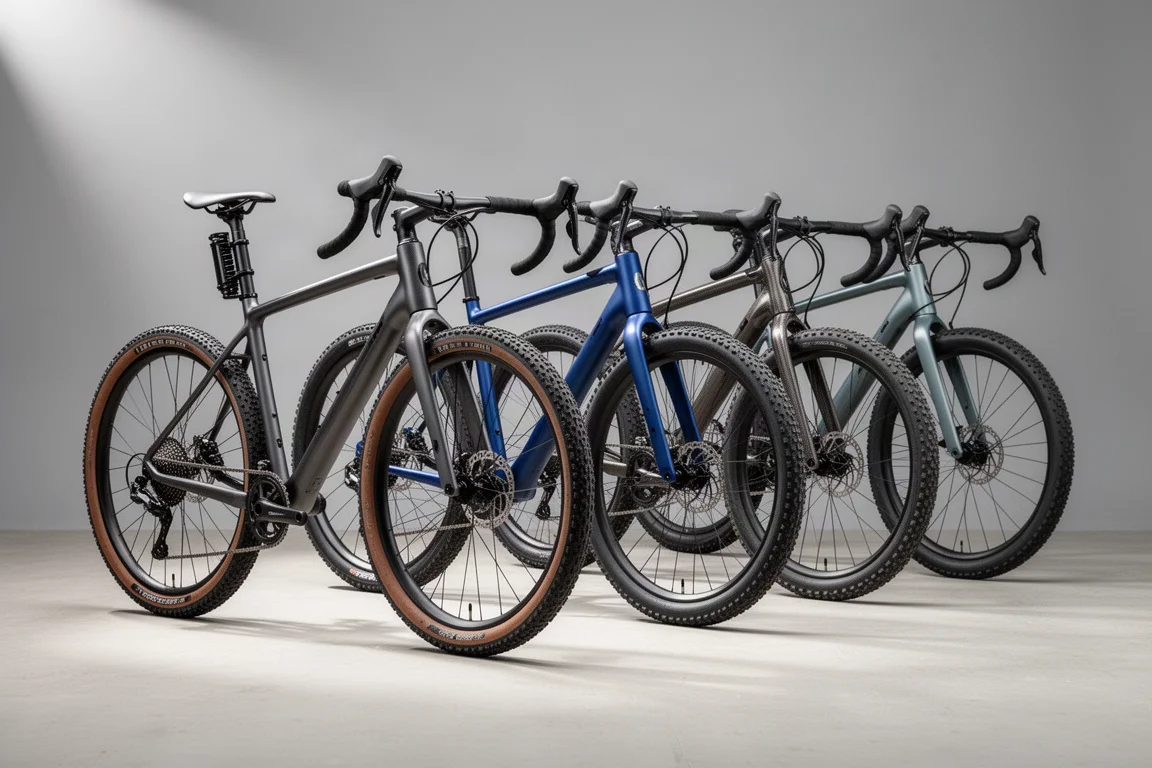 Row of five gravel bikes with drop bars lined up on pale concrete