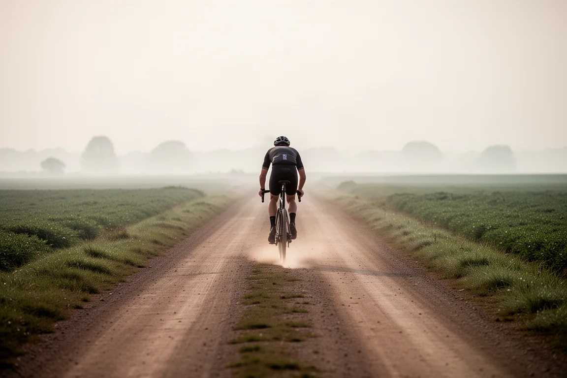 Gravel-Fahrer auf einem lockeren Schotterweg zwischen flachen grünen Feldern im Morgengrauen