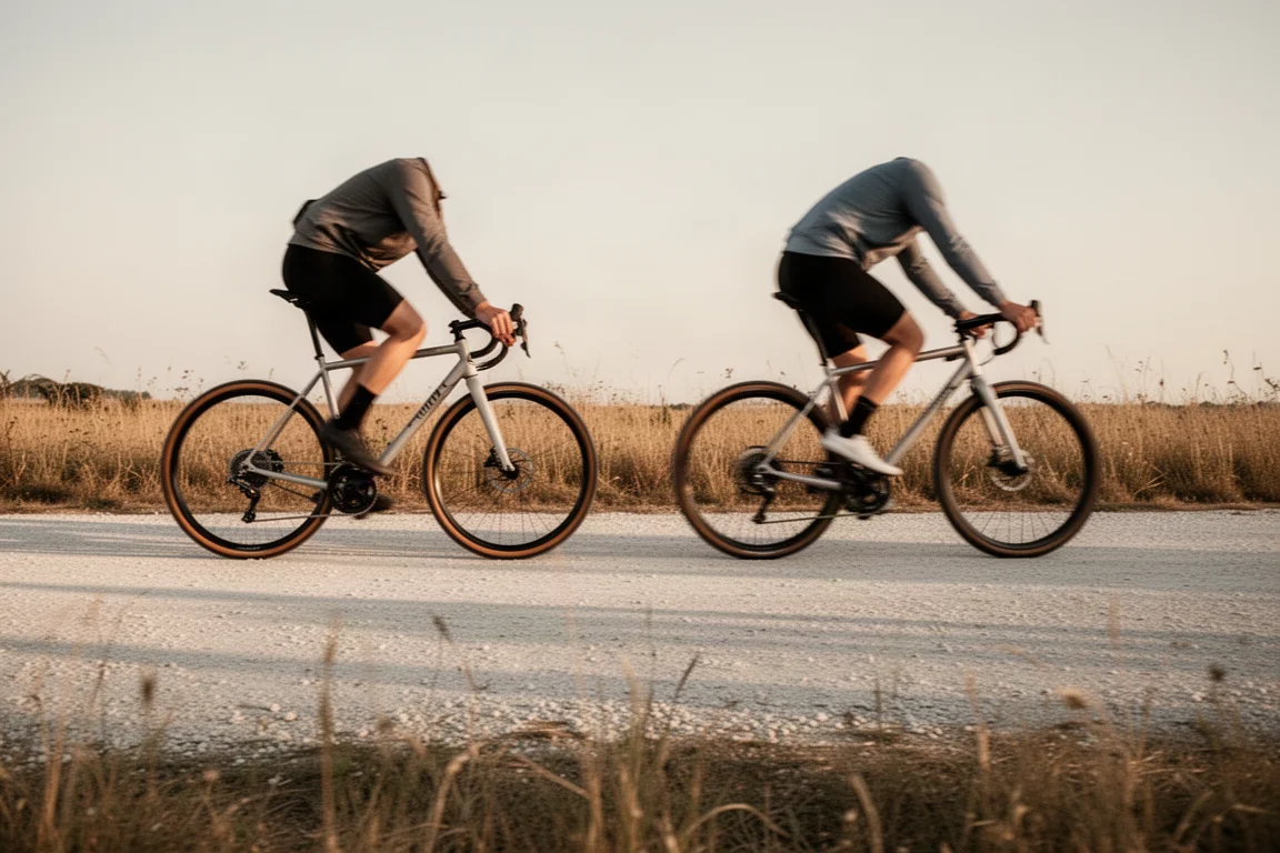 Zwei Gravel-Racer auf einer glatten Schotterstraße in flachem Abendlicht