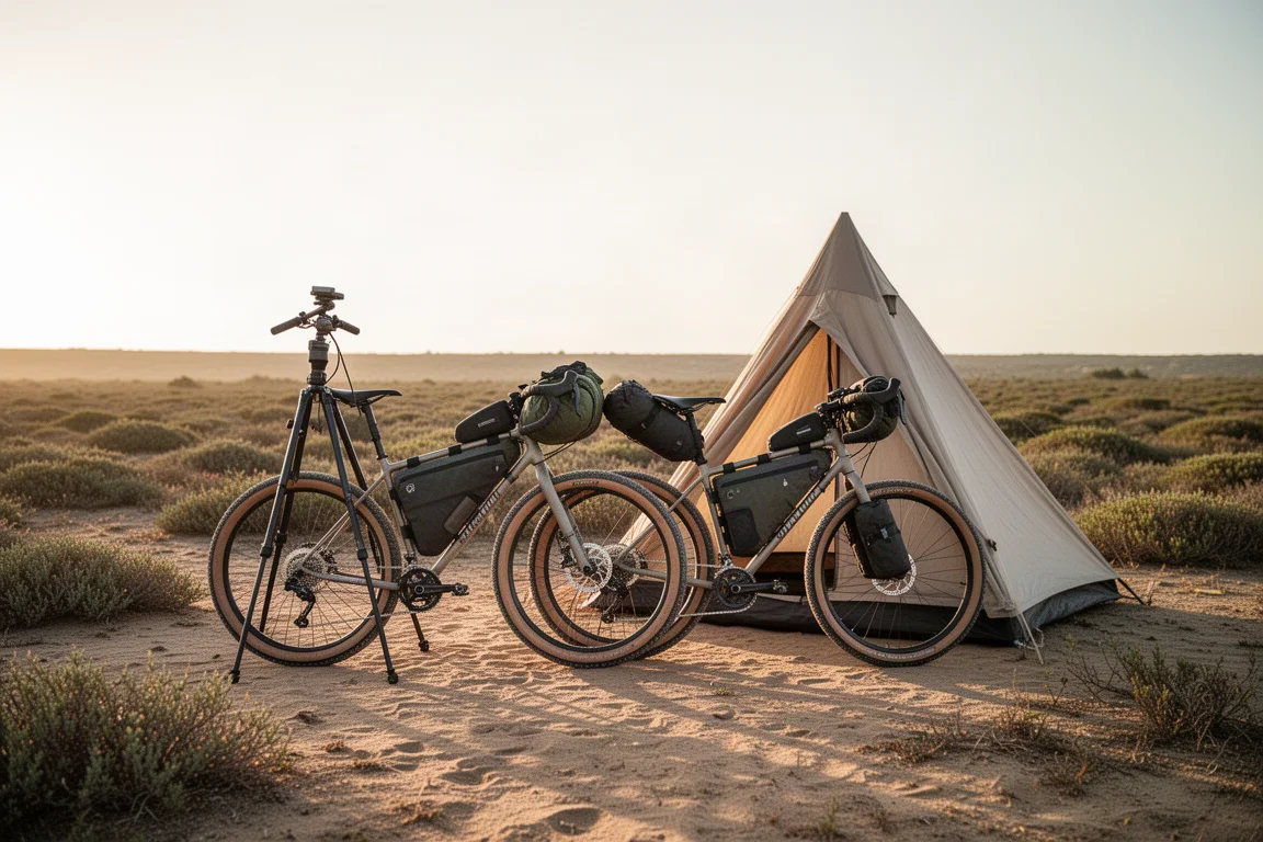 Beladenes Gravelbike mit Rahmentaschen neben einem Zelt auf einem abgelegenen Campingplatz