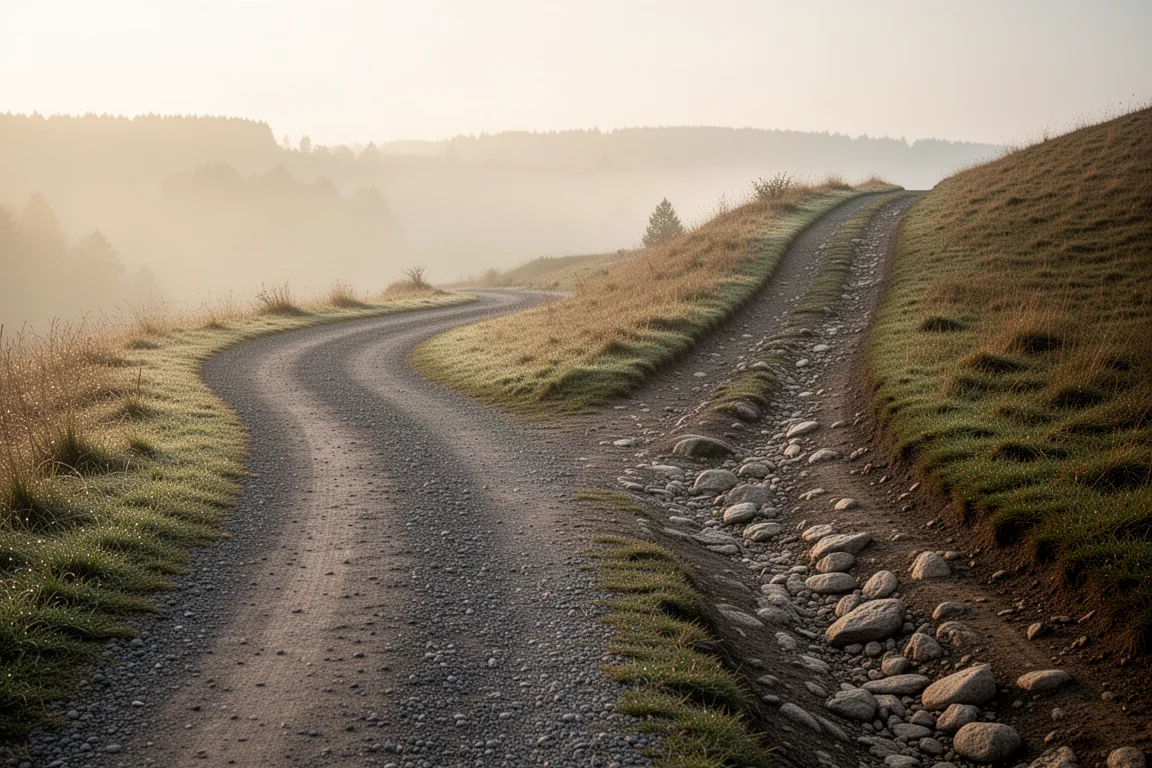 Pista gravel che si divide in percorsi lisci compatti e itinerari rocciosi all'alba