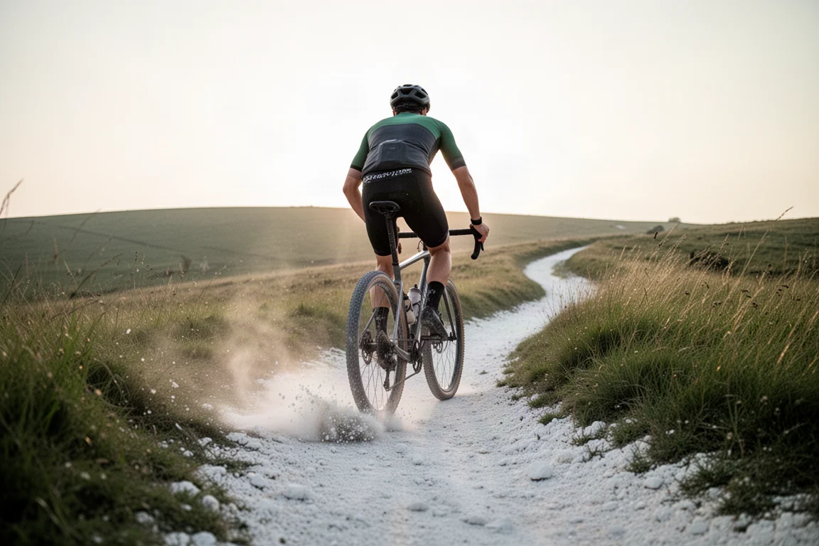 Ciclista che affronta una curva su terreno gessoso smosso in aperta campagna