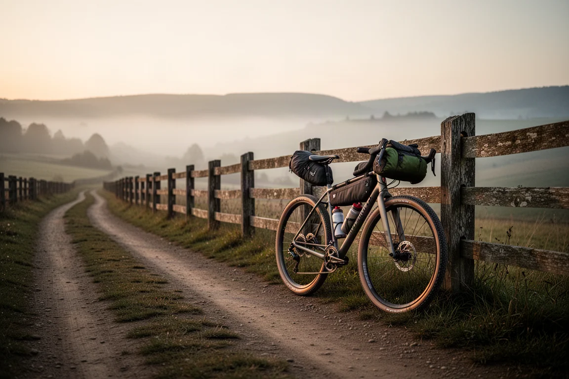 Beladenes Bikepacking-Gravelbike lehnt an einem Zaun neben einem abgelegenen Feldweg
