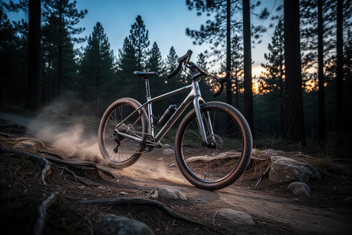 Gravelbike in Schräglage auf einem steinigen Waldweg in der Dämmerung, Staub dahinter