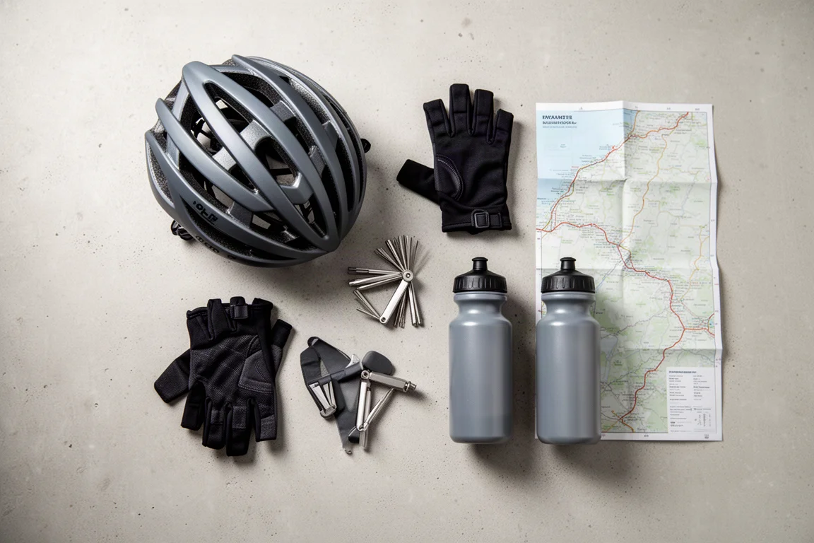 Draufsicht auf Fahrradhelm, Handschuhe, Multitool und Trinkflaschen