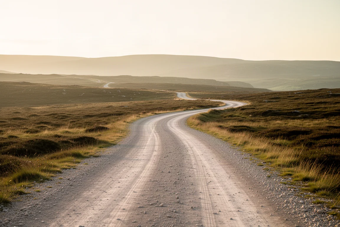 Empty gravel track curving through open moorland at golden hour with tire tracks in pale dust