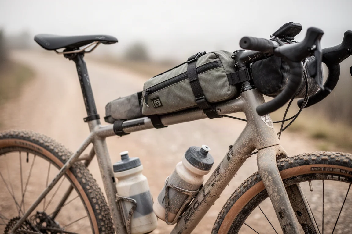Frame bag strapped to the top tube of a dusty gravel bike with two bottles in the frame