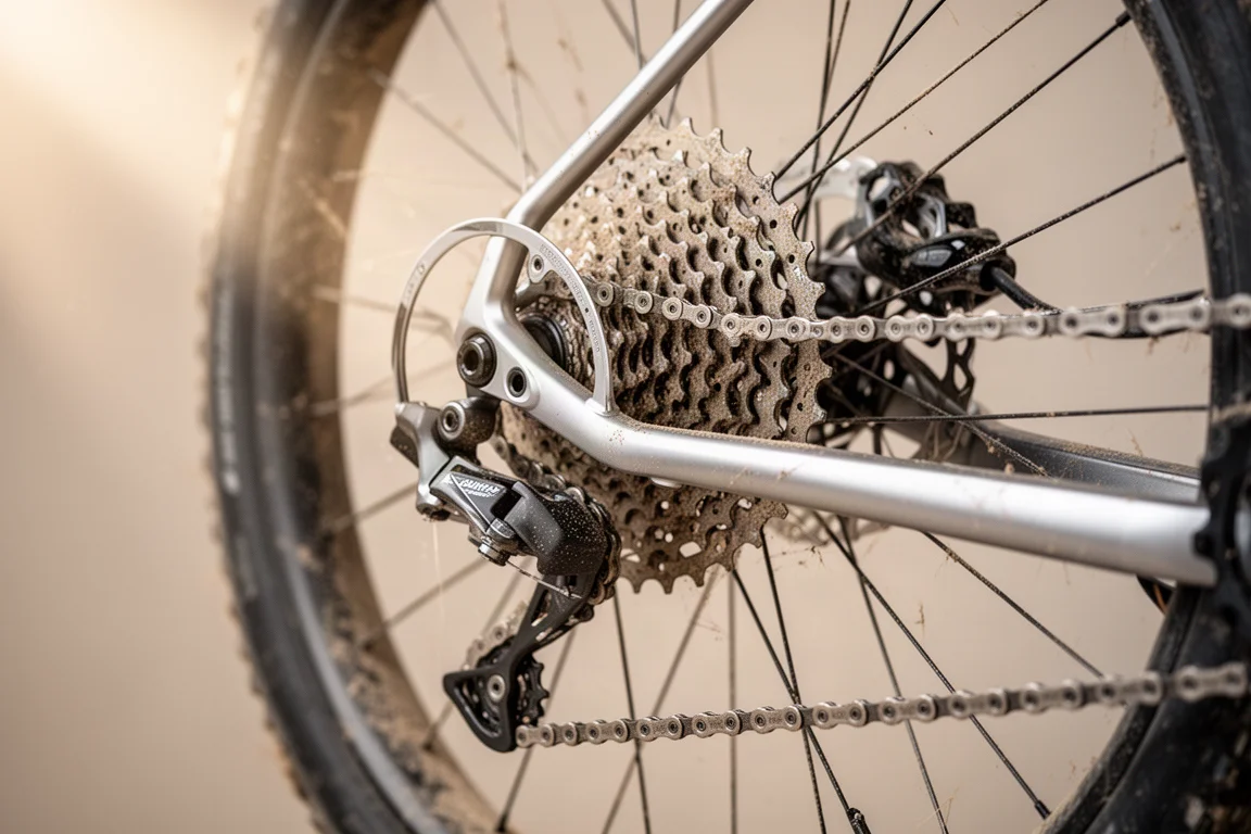 Close-up of a single chainring gravel drivetrain with wide-range cassette on a dusty rear wheel