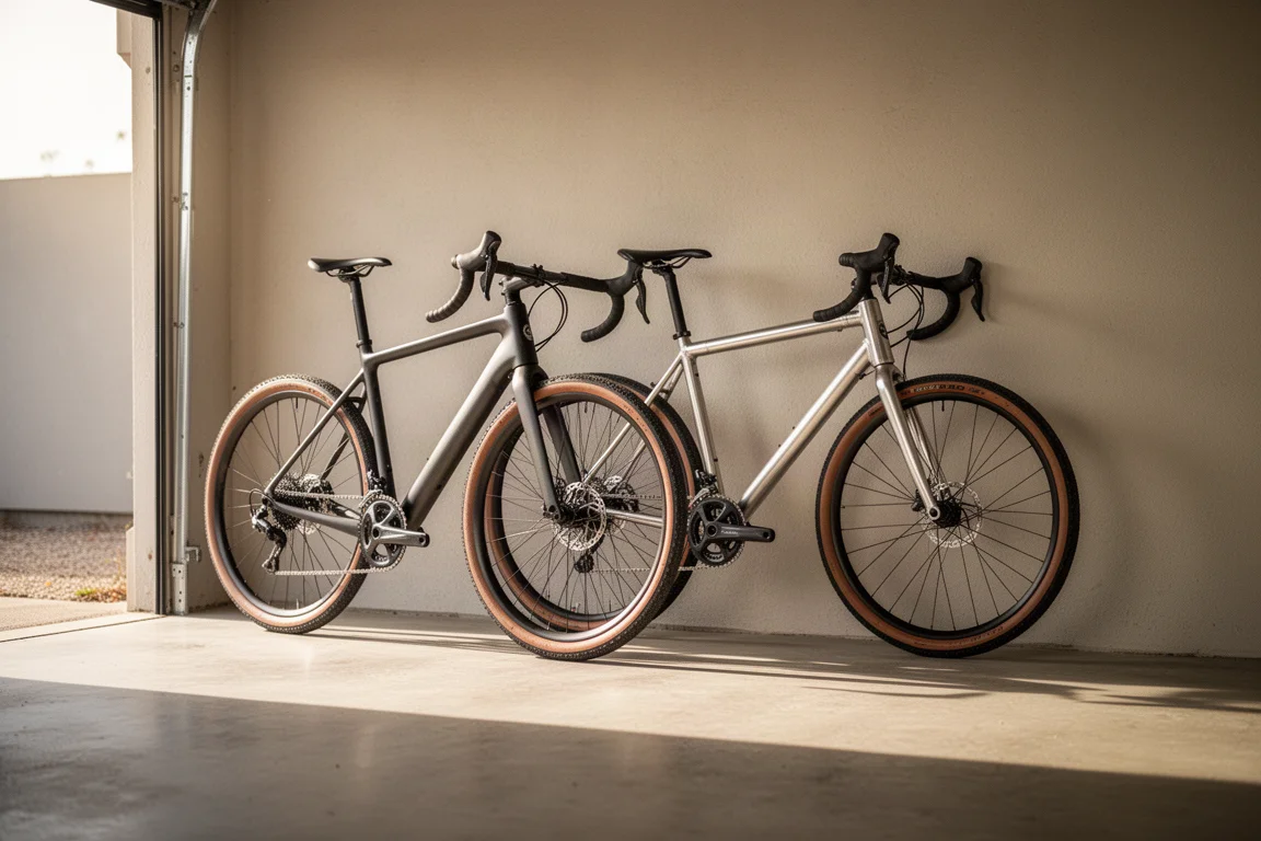 Two gravel bikes leaning side by side against a garage wall in morning light