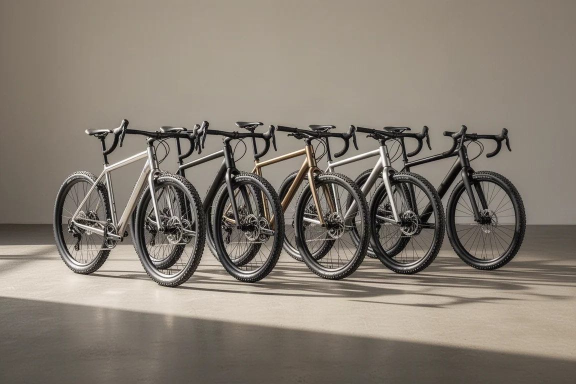 Sex gravelcyklar med bockstyre uppradade på ett matt betonggolv
