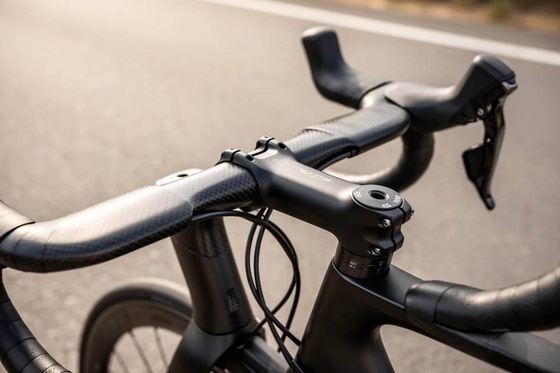 Close-up of a one-piece aero carbon handlebar on a road-going gravel bike