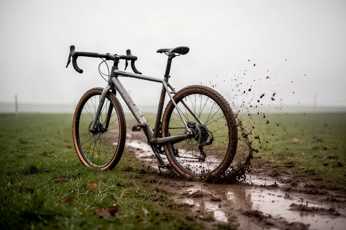 Overhead flat-lay of bikepacking bags and accessories beside a gravel bike wheel