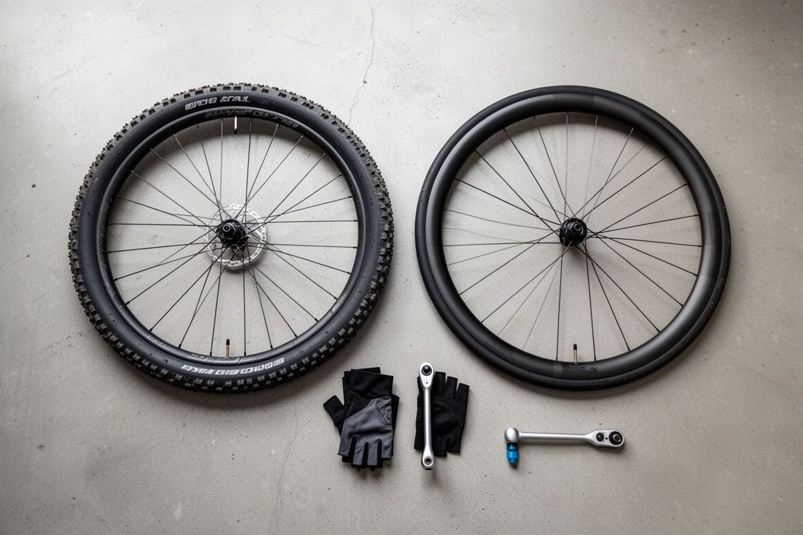 Two drop-bar bikes against a workshop wall with a spare wheelset on the floor