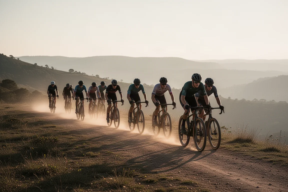 Gravel cyclists riding a ridgeline track at golden hour with dust and distant hills