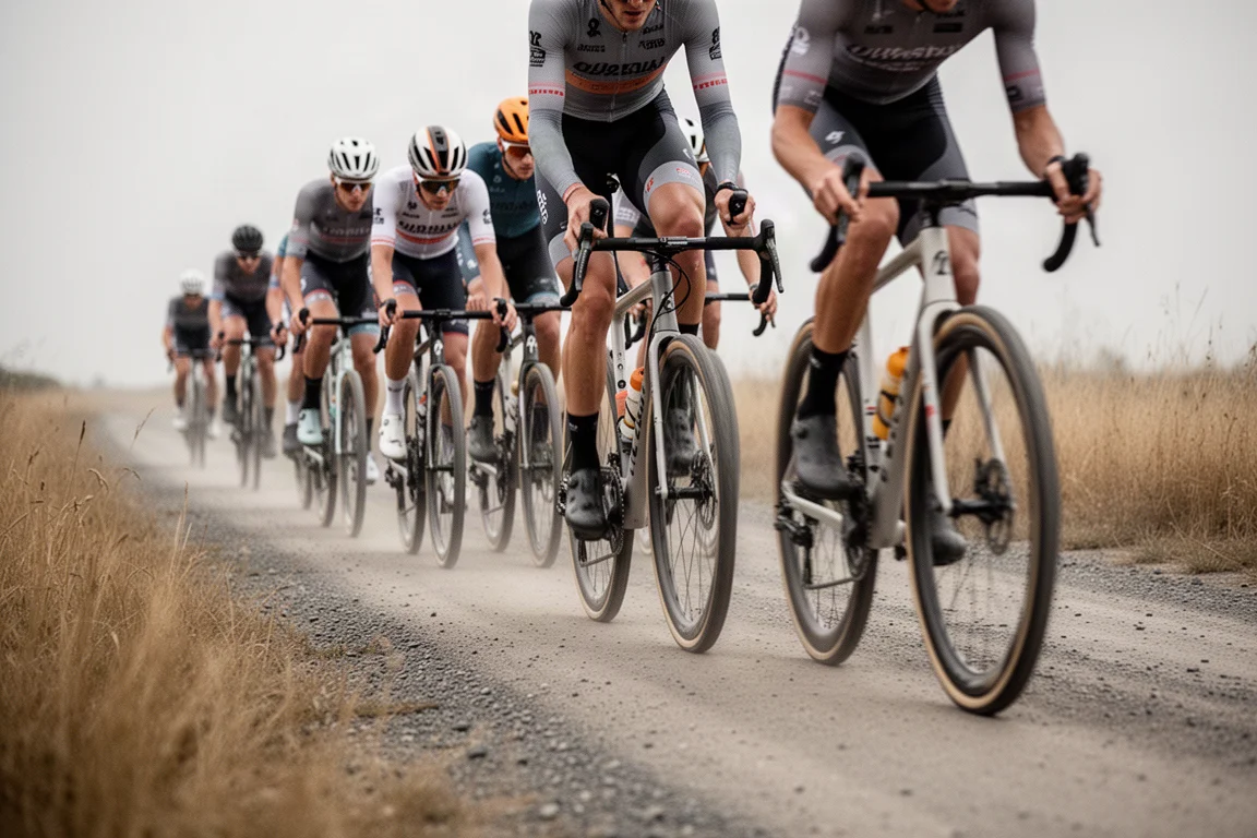 Group of gravel racers riding fast on a smooth gravel road with dry grass
