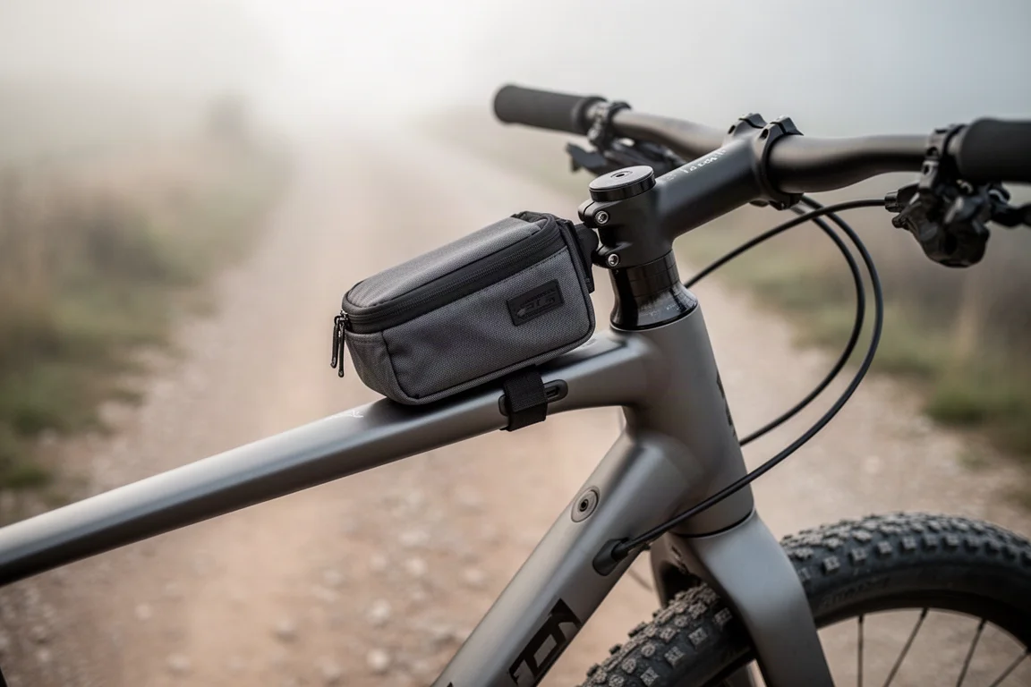 Close-up of a gravel bike top tube with a mounted bento box and clean frame junction
