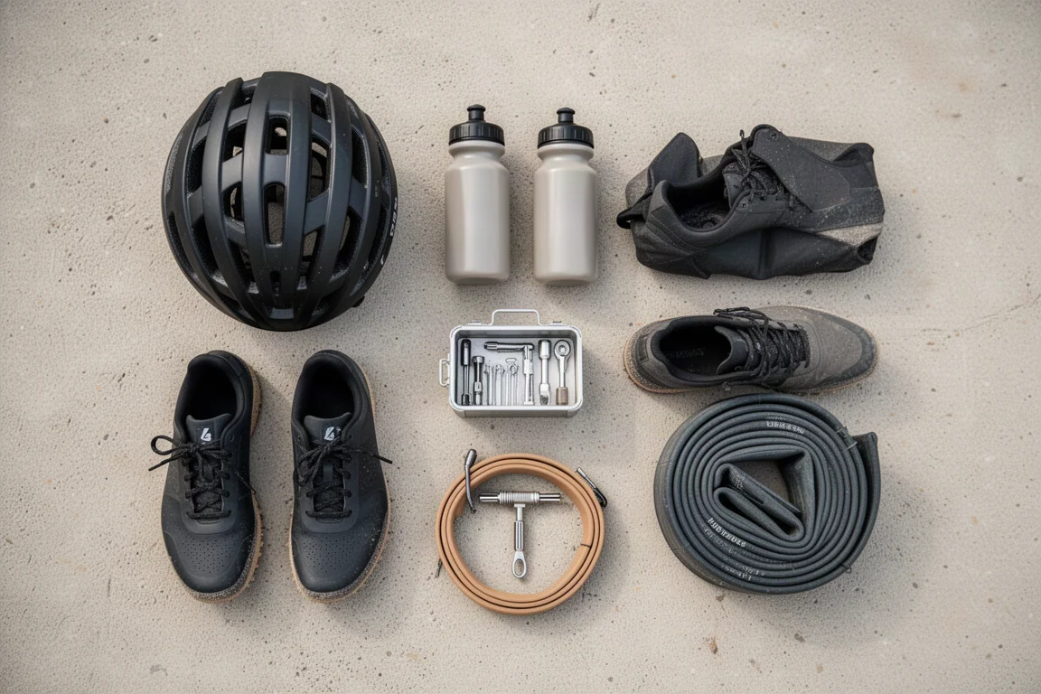 Overhead flat-lay of gravel riding gear on concrete including helmet, bottles and tools