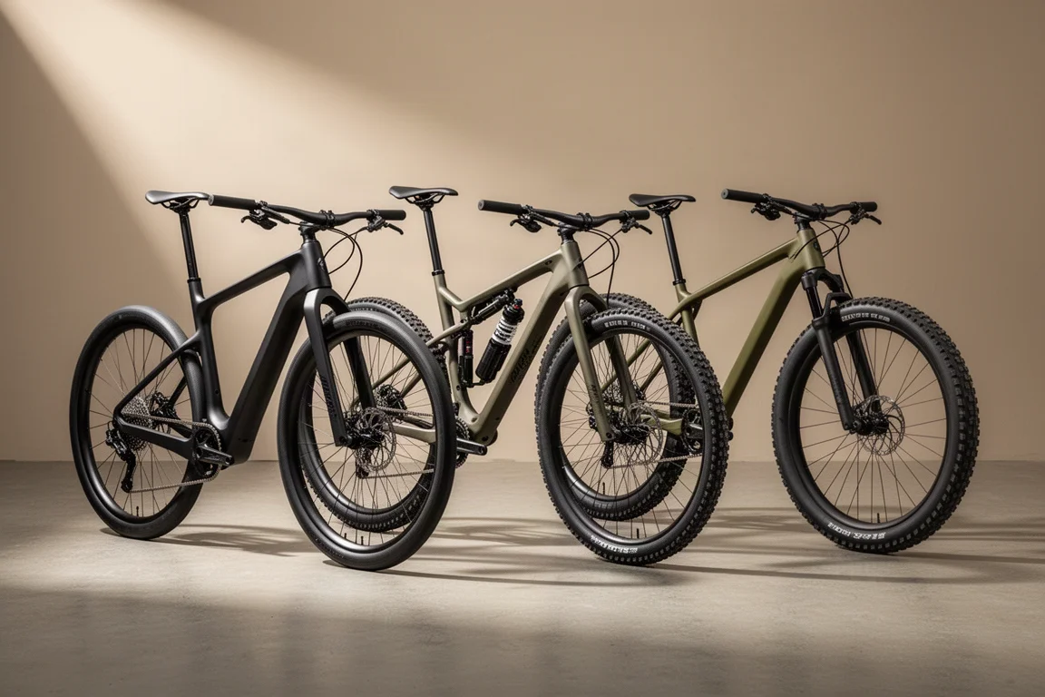 Tre gravelcyklar med aerodynamiska ramar, bakre fjädring och breda däck uppställda på betong