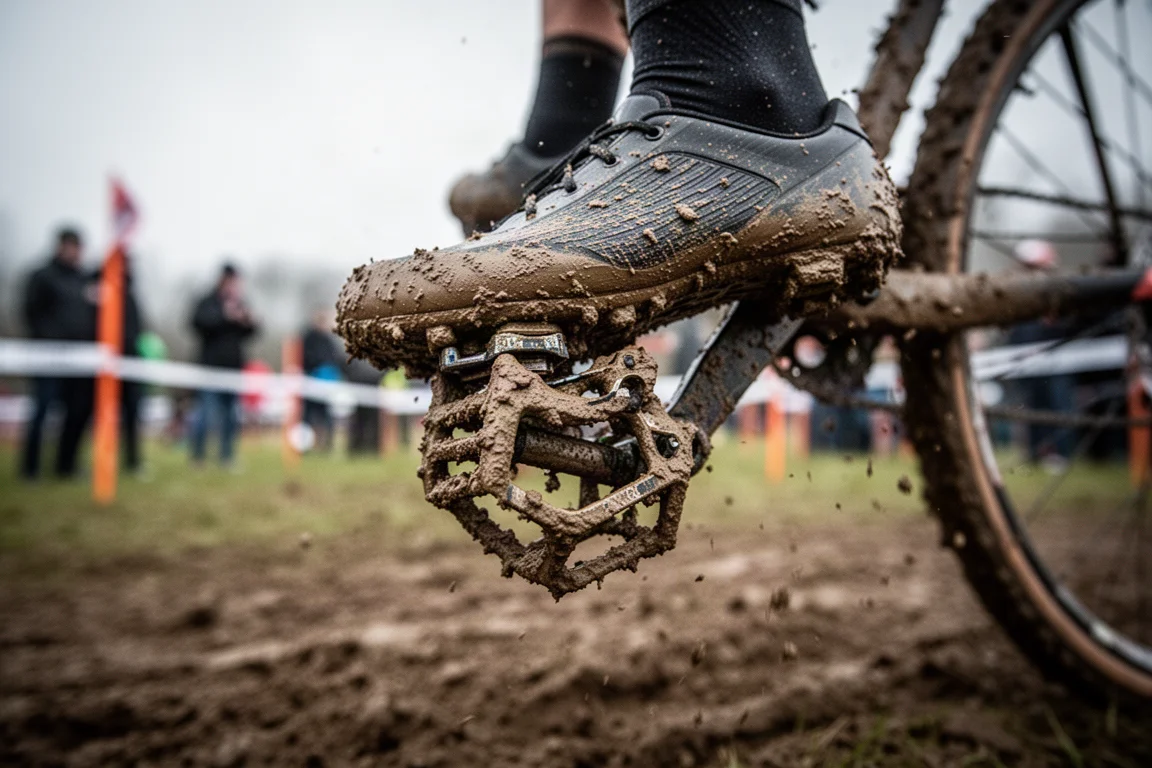 Pedal de montaña cubierto de barro y zapatilla de ciclismo durante una carrera de ciclocross bajo la lluvia