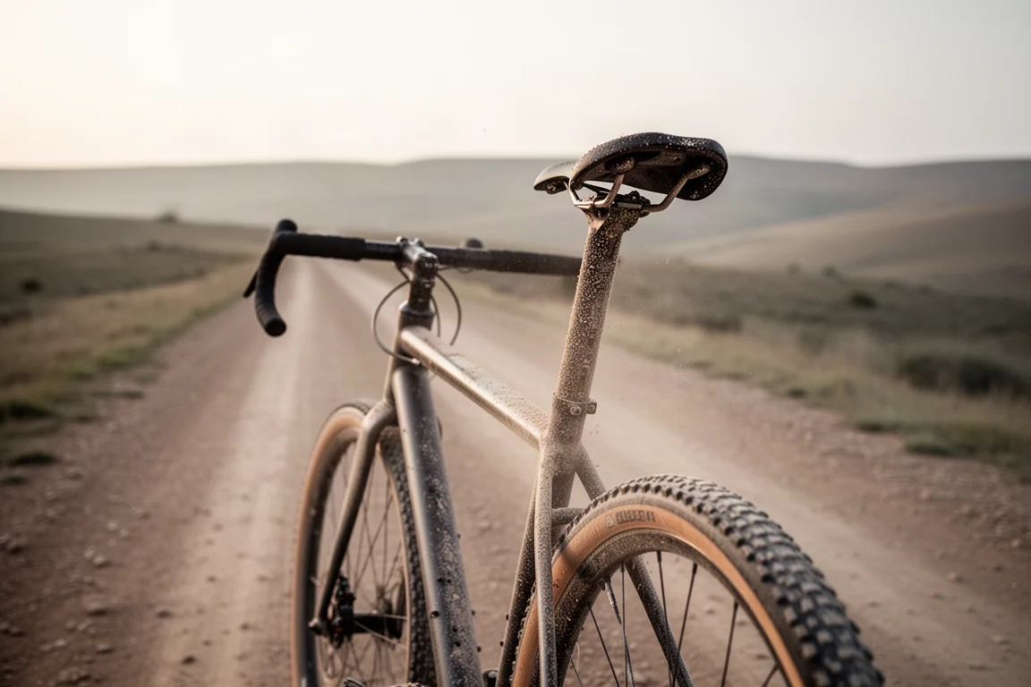 Detalle trasero de una bicicleta gravel en un camino rural a la hora dorada con el sillín enfocado