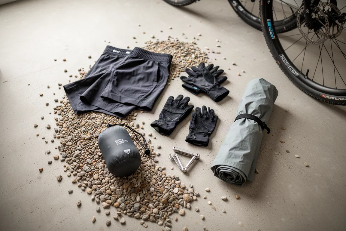 Ciclista con chaqueta impermeable empujando una bicicleta gravel cargada por un sendero de las Highlands empapado por la lluvia