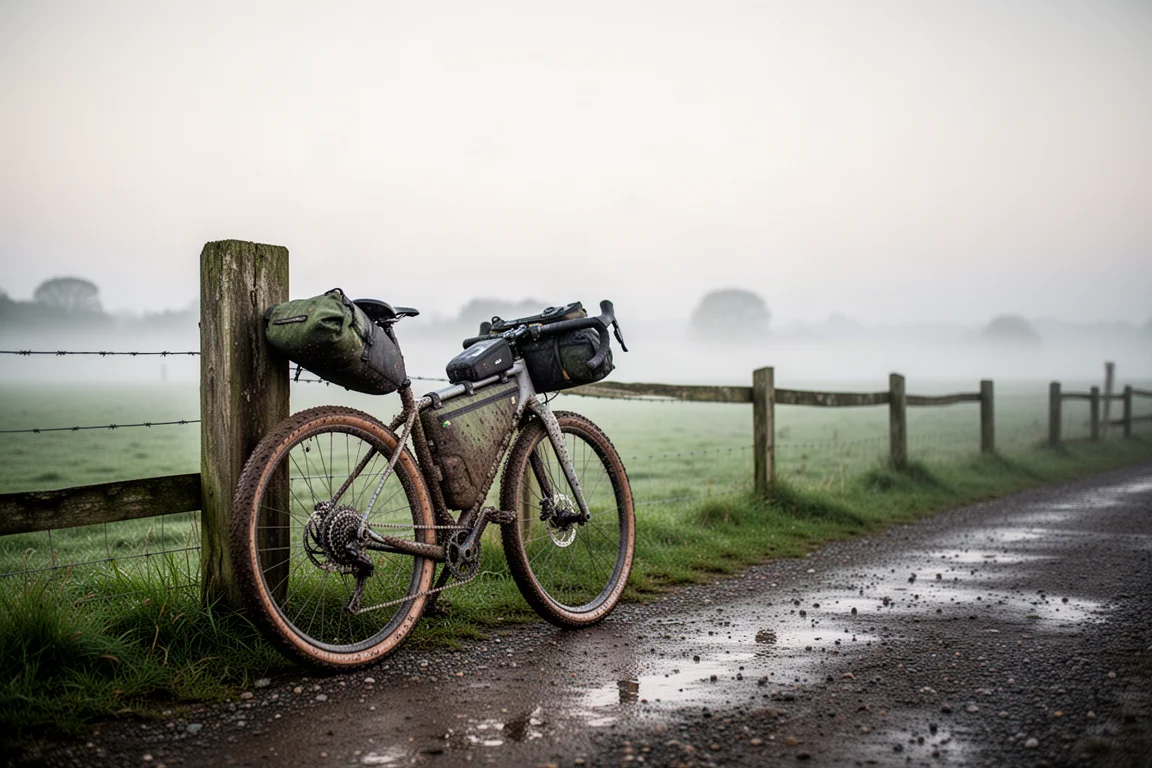 Met modder bespatte gravelfiets met bikepackingtassen tegen een hekpaal op een nat pad bij zonsopgang