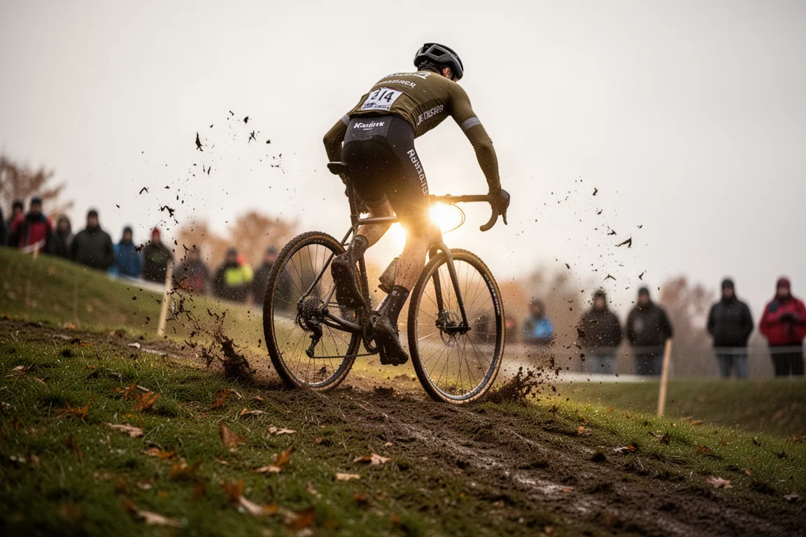 Cyclocrosser die een modderige grasphelling beklimt terwijl modder van het achterwiel spat
