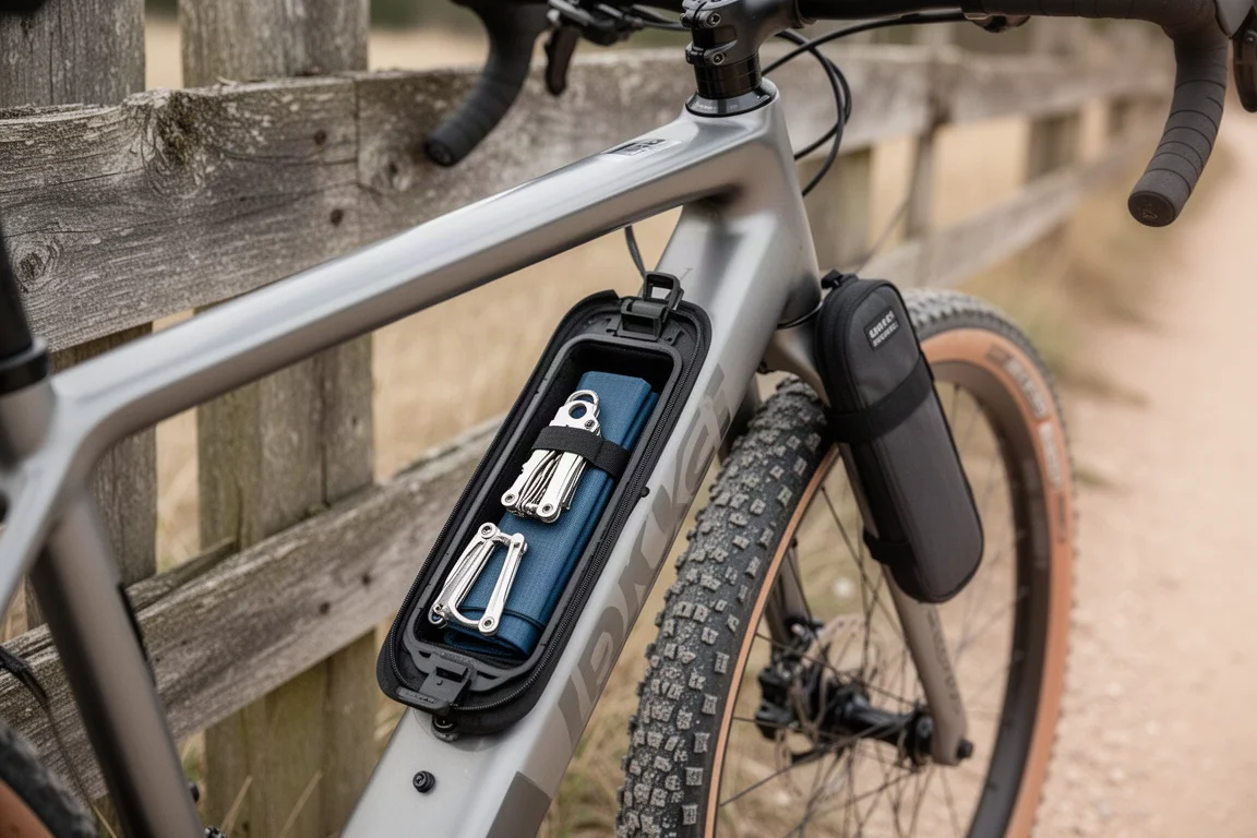 Öppen förvaringslucka i downtube på en gravelcykel med verktyg inuti och en lastärm på gaffeln