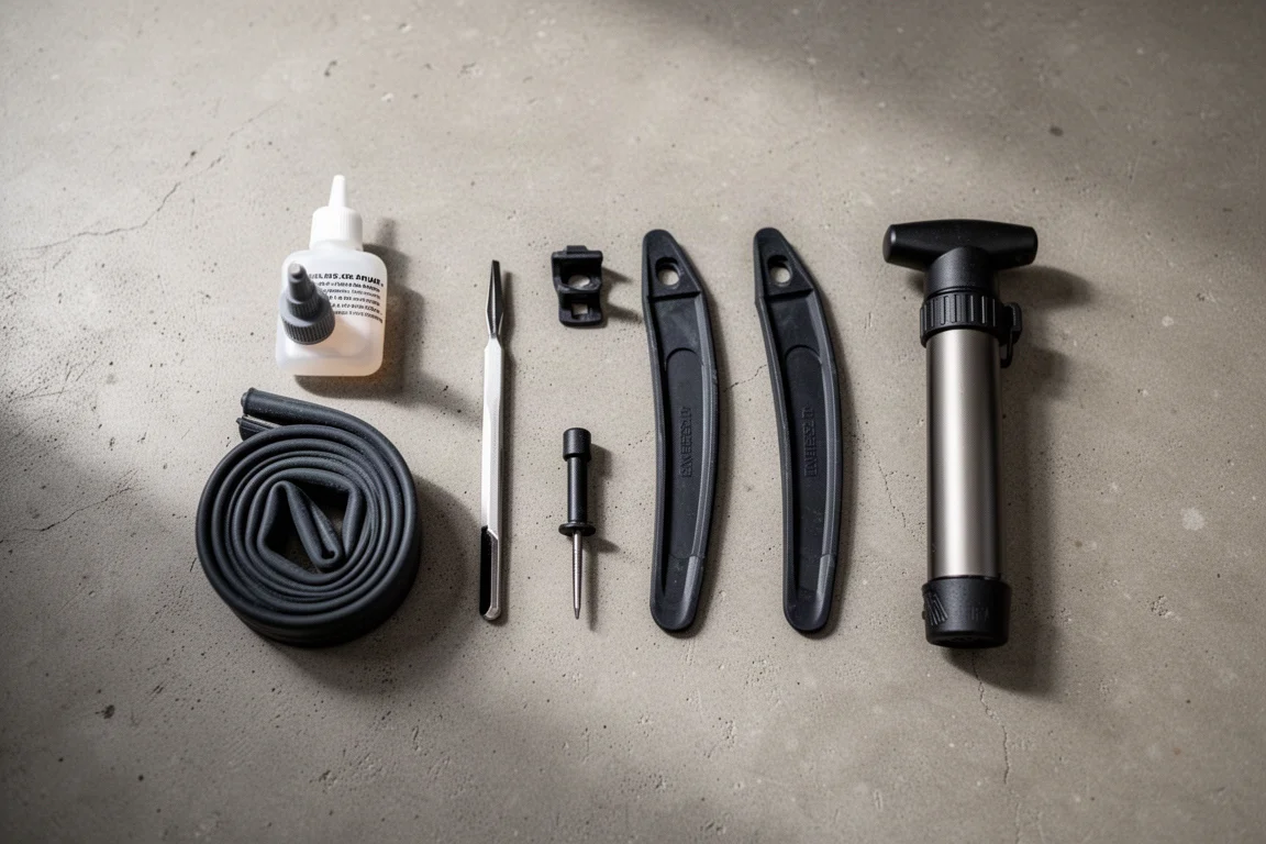 Uppifrånbild av tubeless-verktyg för gravel-setup på ett betonggolv