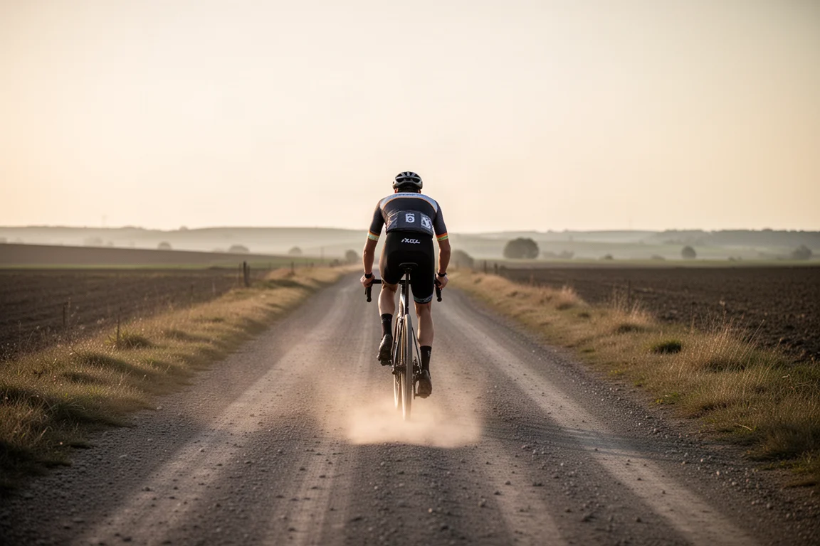 Gravelcyklist som cyklar på en dammig grusväg i gyllene timmen, sedd bakifrån