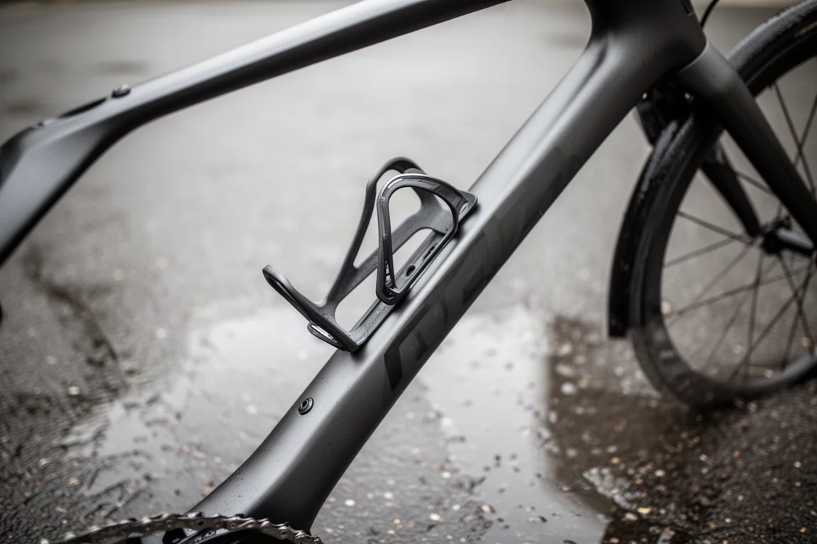 Närbild på en aerodynamisk cykels nedre ramrör med flaskställ på en våt väg