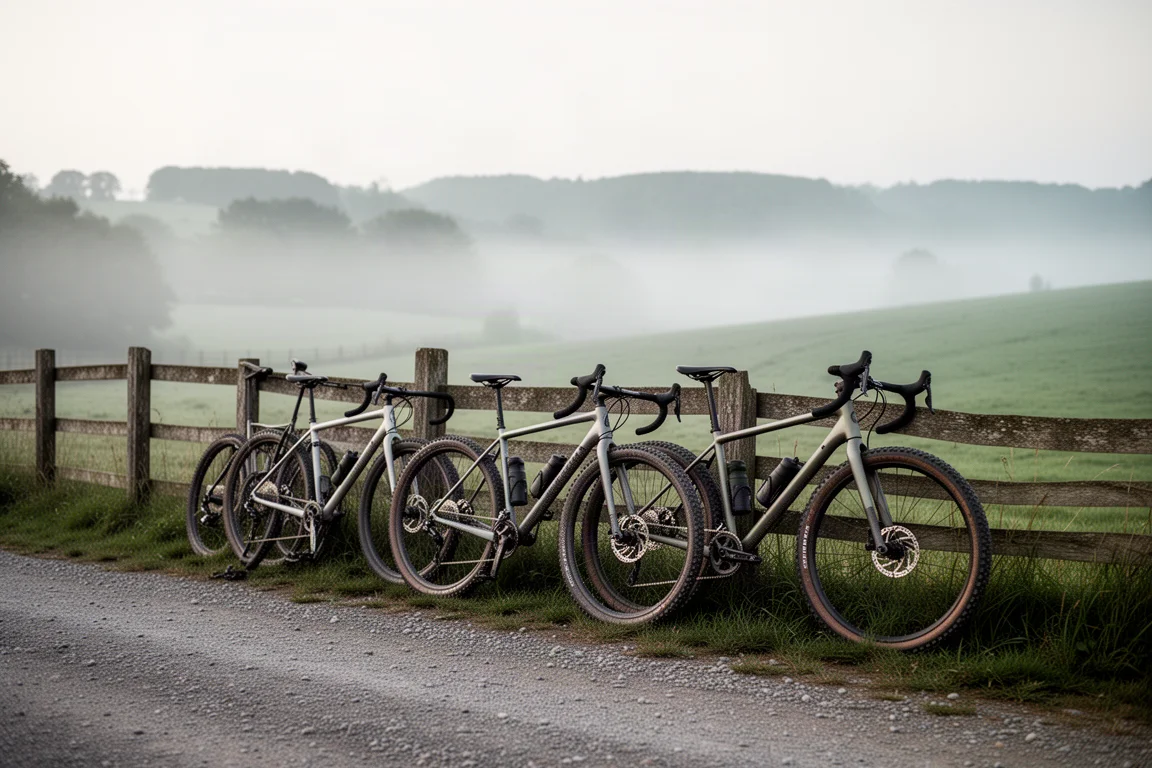 Tre gravelcyklar lutade mot ett trästaket vid en grusväg i morgondimma