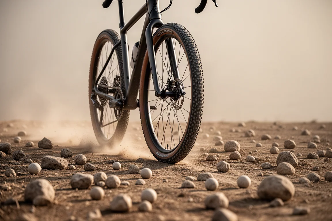 Front suspension fork compressing over rough gravel on a climbing bike